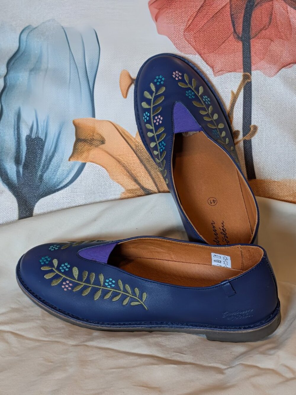 Gudrun Sjoden, Purple Embroidered Leather Flats, NWOB, Size 41